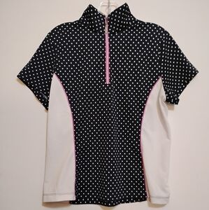 TAIL Black and White Polka Dots Polyester Short Sleeve Pink ZipUp Top L